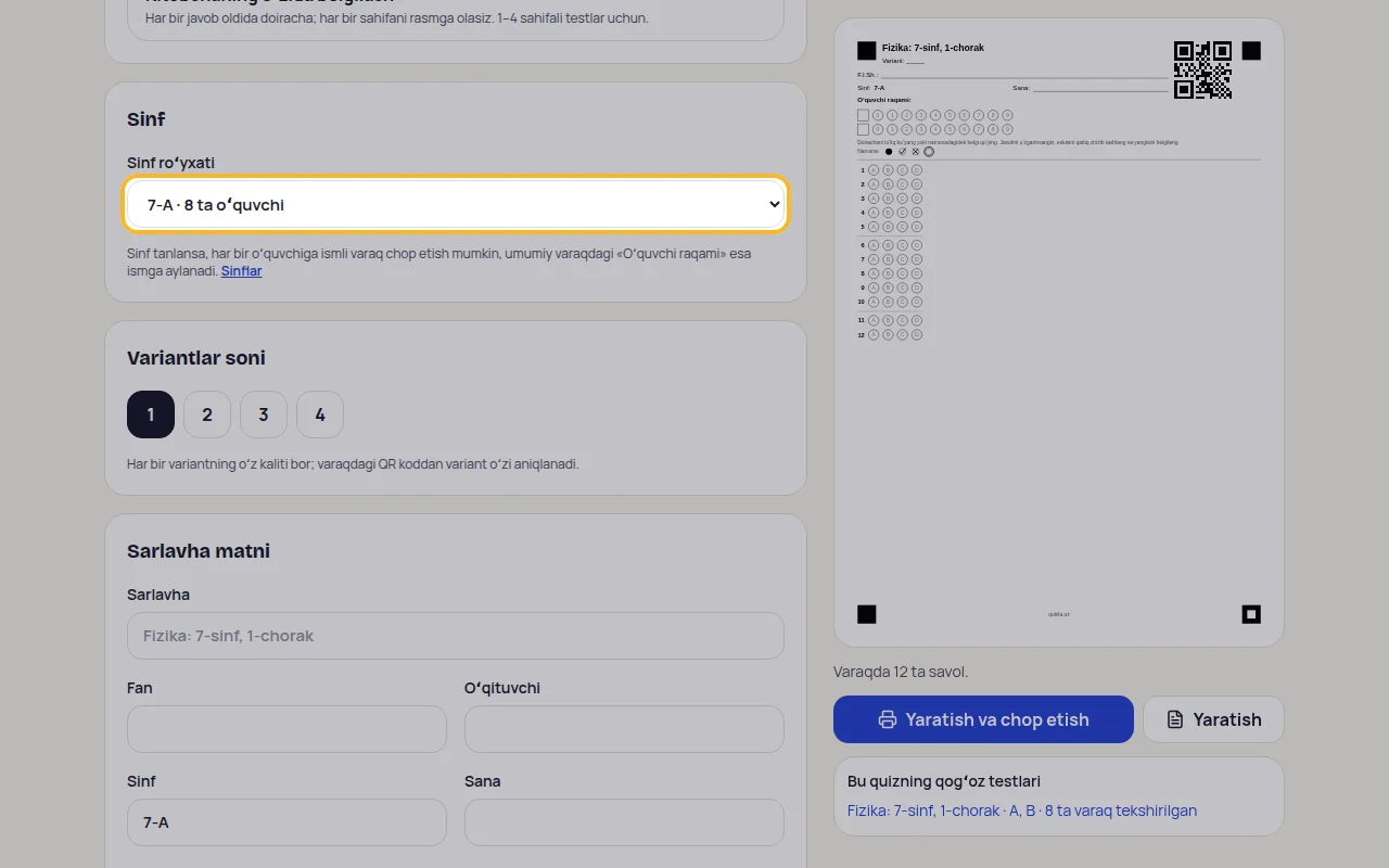 3-qadam: Testni sinfga bering
